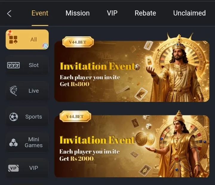 invitation
refer and earn v44 bet game